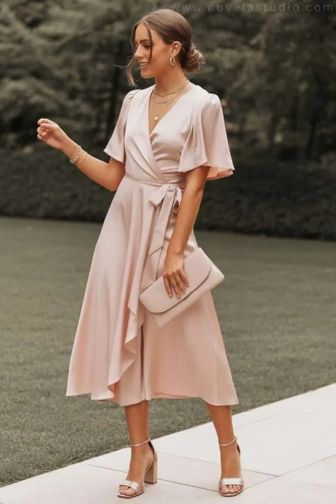 Ballet dancer in flowing light blue dress strikes elegant pose outdoors on brick pavement beneath modern architectural beams.